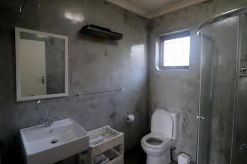 a bathroom with a toilet and a sink and a shower at M & M Flat Arniston in Arniston
