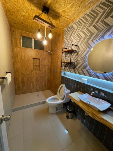 a bathroom with a toilet and a sink and a mirror at Mercedes Lodge in San Ramón