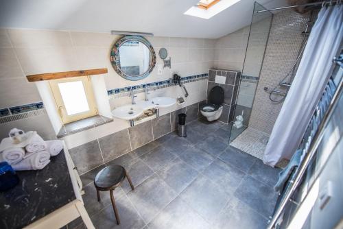 une salle de bain avec un lavabo, des toilettes et un miroir dans l'établissement Gîte avec jacuzzi privatif dans un mas provençal, à Les Fumades-Les Bains