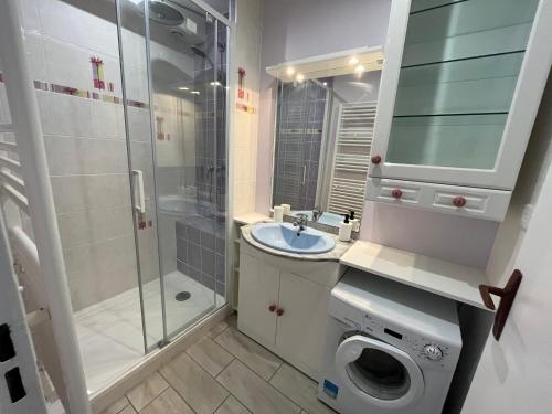 ein Badezimmer mit einem Waschbecken und einer Waschmaschine in der Unterkunft L'Escale ensoleillée, 2 pièces sur le Port proche Juno Beach in Courseulles-sur-Mer