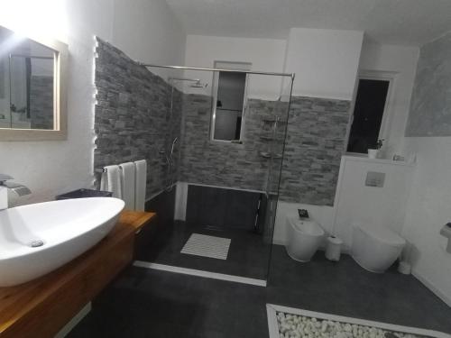 ein Bad mit einem Waschbecken, einer Dusche und einem WC in der Unterkunft Last Moon in Flic-en-Flac