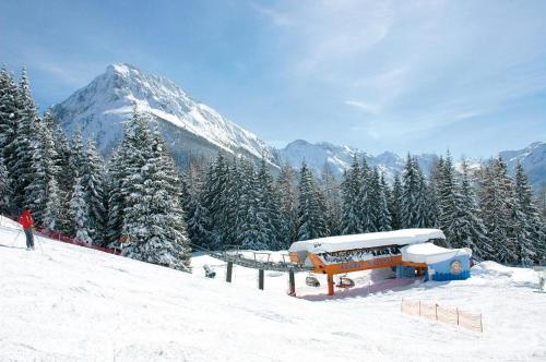 a person on a snow covered slope with a snow covered mountain at Haus Grader in Kleinarl