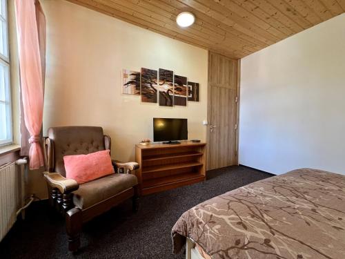 a bedroom with a bed and a chair and a television at Pension Fortuna in Halenkov