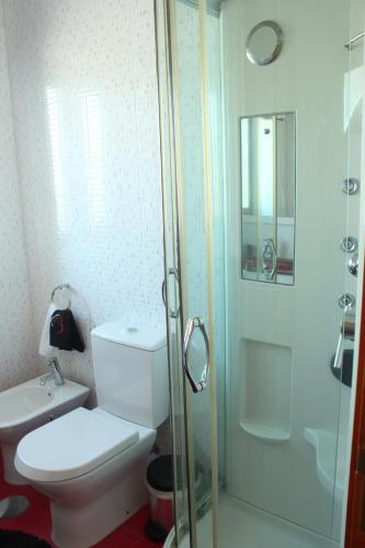 a bathroom with a toilet and a glass shower at Villa 315 in Laundos