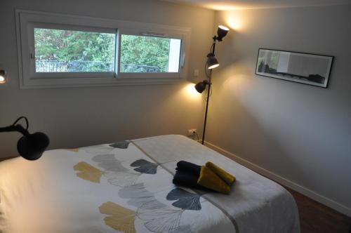 une chambre avec un lit et une fenêtre dans l'établissement Gîte Mahatxak, à Cambo-les-Bains