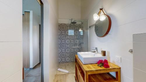 a bathroom with a sink and a mirror at Les maisons Cane in Sainte-Rose