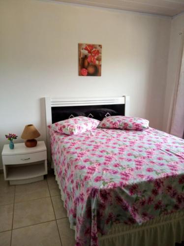 um quarto com uma cama com um cobertor rosa em Apartamento em Penha-SC em Penha