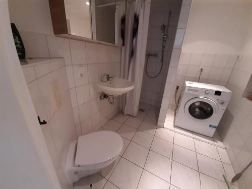 bagno con lavandino e servizi igienici e lavatrice. di Ferienhaus Thüringen a Schwallungen