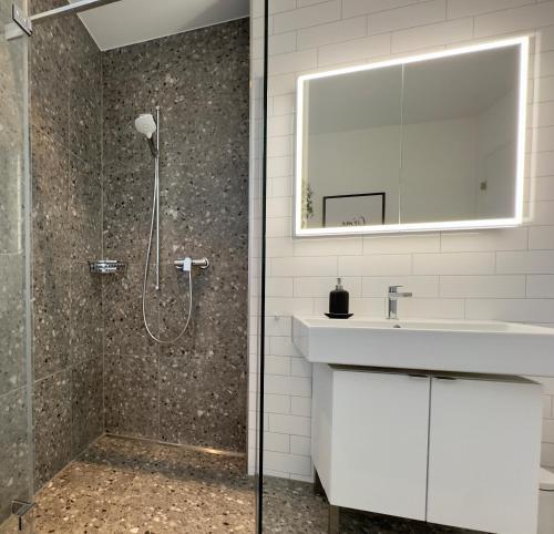 a bathroom with a sink and a shower at Elegante Unterkunft in Stadtnähe in Adliswil