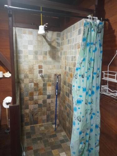 łazienka z prysznicem z niebieską zasłoną prysznicową w obiekcie Charming Yellow Houses studio with terrace w mieście Bocas del Toro