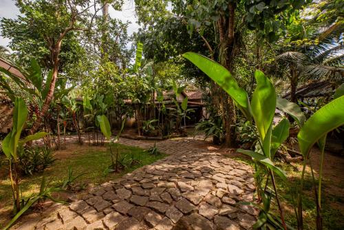 a path in a garden with trees and plants at Casa da Praia in Paraty