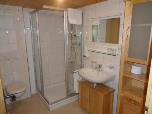 a bathroom with a shower and a sink and a toilet at Naze`s Hus Mellau in Mellau