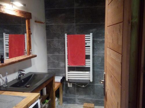 baño con lavabo y toalla roja en Appartement Le Grand-Bornand, 2 pièces, 6 personnes - FR-1-467-96, en Le Grand-Bornand