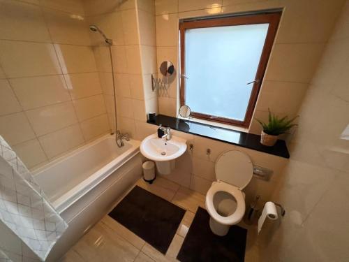 a bathroom with a toilet and a sink and a tub at Secluded and spacious apartment in Dublin