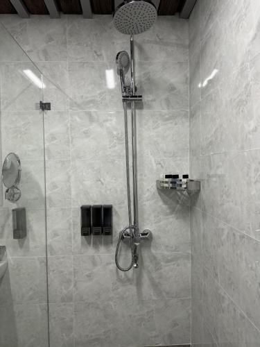 a shower with a glass door in a bathroom at Mir Luxe Plaza in Tashkent