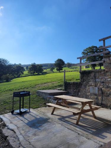 a picnic table and a grill next to a field at Cabaña Pasiega Montes del Pas in La Sota