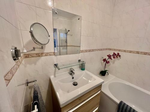 a bathroom with a sink and a mirror and a tub at Central Cambridge Fig Tree House Flat 1 in Cambridge