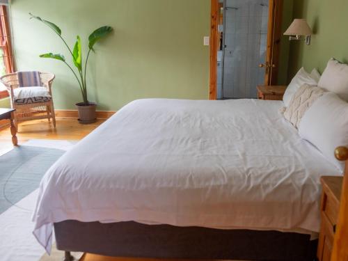 a large white bed in a bedroom with a plant at Charming Heritage Villa Tamboerskloof in Cape Town