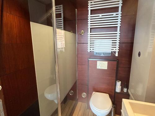 La salle de bains est pourvue de toilettes et d'une douche en verre. dans l'établissement Appartement Saint-Hilaire-de-Riez, 1 pièce, 3 personnes - FR-1-652-14, à Saint-Hilaire-de-Riez
