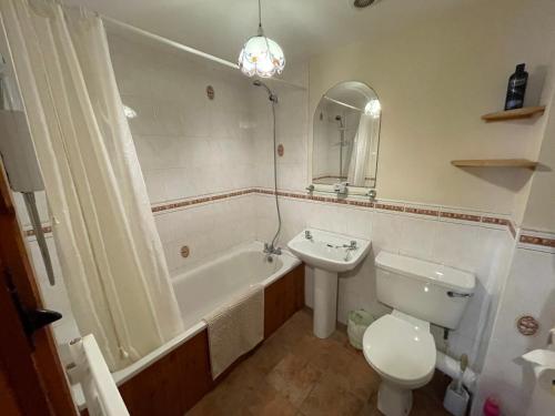 a bathroom with a sink and a toilet and a bath tub at Lovely apartment overlooking the harbour and bay in Ardglass