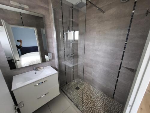 une salle de bain avec une douche, un lavabo et un miroir dans l'établissement Appartement T2 face plage avec balcon, cuisine équipée et TV - FR-1-92-908, à Les Sables-dʼOlonne