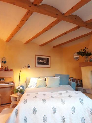 1 dormitorio con 1 cama en una habitación con techos de madera en Chez Cathy en Arzier