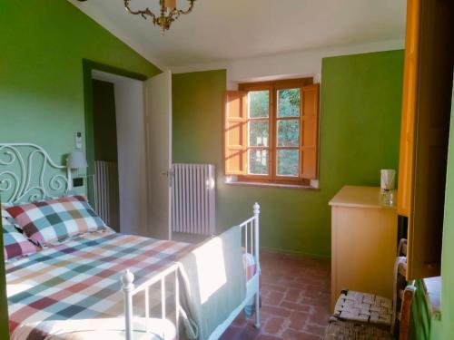 um quarto verde com uma cama e uma janela em Residenza le Api em Lucca