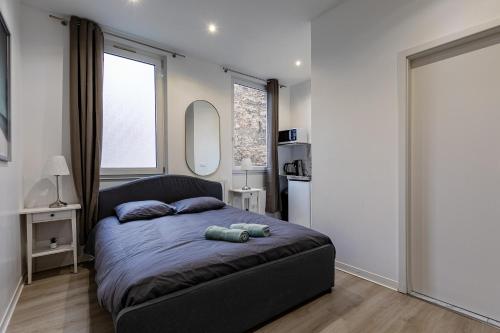 une chambre avec un lit et deux fenêtres dans l'établissement Studio hyper centre, à Strasbourg