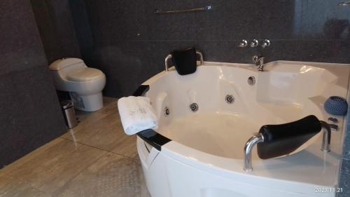 a bath tub in a bathroom with a toilet at HOTEL TERRAZAS DE VILLA in Moquegua