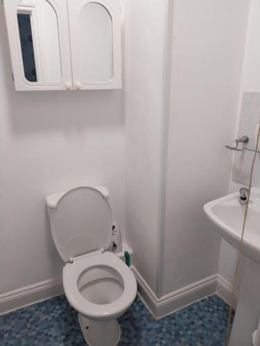 a white bathroom with a toilet and a sink at Delamere Hotel in Blackpool