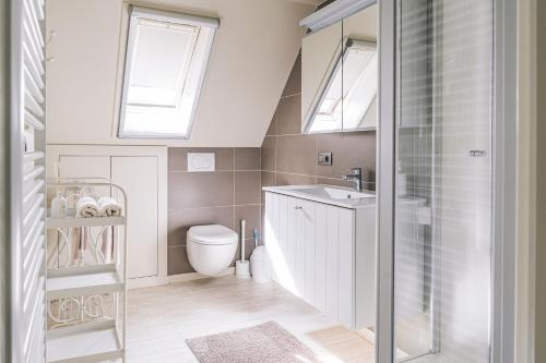a bathroom with a toilet and a sink and skylights at De Burkelhoeve appC in Maldegem