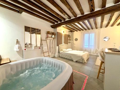 La grande salle de bains est pourvue d'une baignoire et d'un lit. dans l'établissement Logement moderne avec jacuzzi, à Aubervilliers