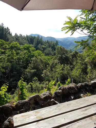 um banco de madeira sentado no topo de uma montanha em Gîte du Puy em Saint-Fortunat-sur-Eyrieux