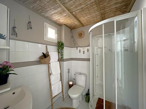 La salle de bains est pourvue d'une douche et de toilettes. dans l'établissement Maison Saintes-Maries-de-la-Mer, 3 pièces, 4 personnes - FR-1-475-112, à Saintes-Maries-de-la-Mer
