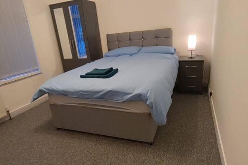 a bedroom with a bed with a mirror and a lamp at Comfortable 2 Mins from River & 5 Mins From Town in Kempston