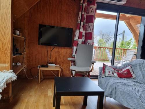 a living room with a couch and a table and a tv at Chalet climatisé grande terrasse parking privé in Coublevie