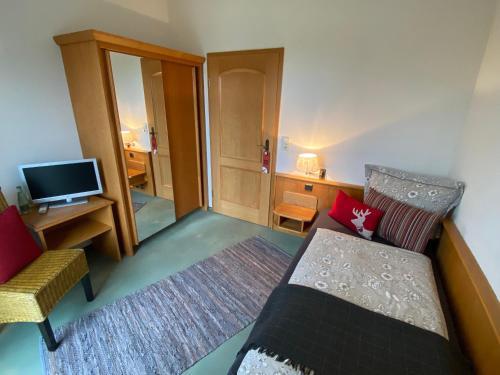 a small room with a bed and a television at Vanilla Hof in Naumburg