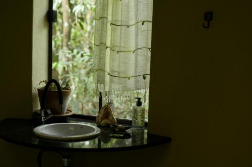 um balcão de casa de banho com um lavatório e uma janela em Cantos da Mata em Chapada dos Guimarães