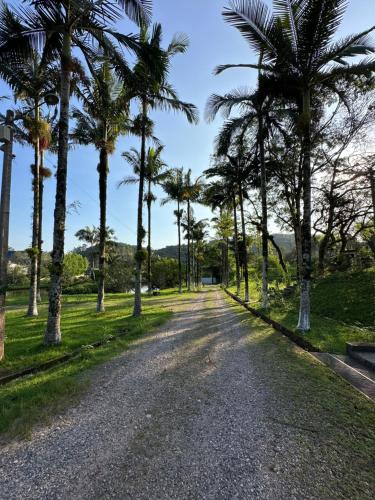 una carretera bordeada de palmeras en un parque en Flat Chácara Olhos D’Água en Gaspar
