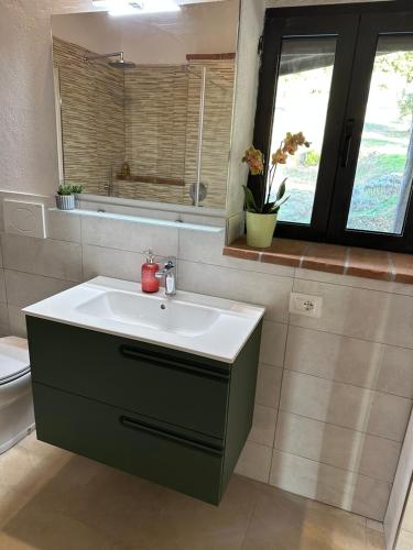 baño con lavabo blanco y ventana en Cà di Mora, en Lisciano Niccone