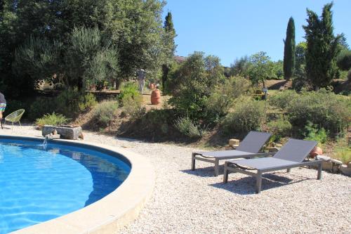 una piscina con 2 tumbonas junto a ella en Cà di Mora, en Lisciano Niccone