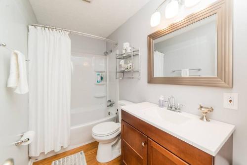 a bathroom with a sink and a toilet and a mirror at Outdoor Space - Parking - 1st Floor - Walkable in Pittsburgh