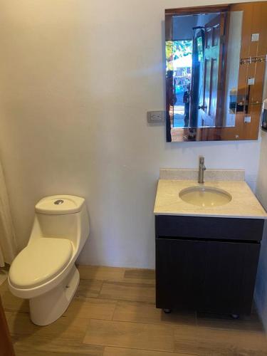 a bathroom with a toilet and a sink and a mirror at Legoon View in Tortuguero