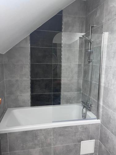 une salle de bain avec baignoire et douche dans l'établissement Appartement Amiens-Camon, à Camon