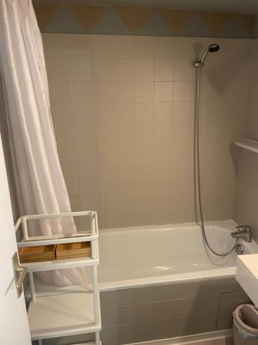 a bathroom with a bath tub with a shower curtain at Appartement cosy en plein centre-ville in Évry-les-Châteaux