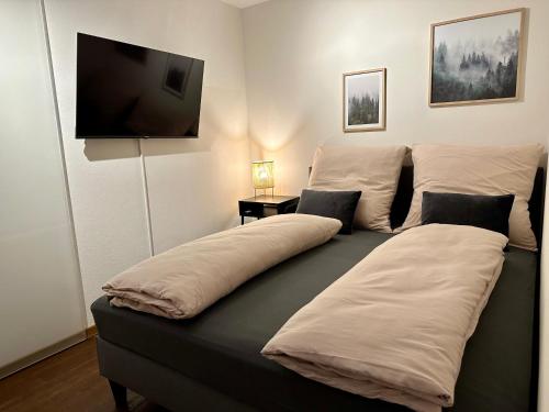 a bed with two pillows and a flat screen tv at Wunderschöne Wohnung in Kempten - Stadtmitte in Kempten