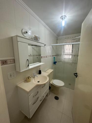 La salle de bains est pourvue d'un lavabo, de toilettes et d'une douche. dans l'établissement Cantinho da dona Maria, à Guarujá