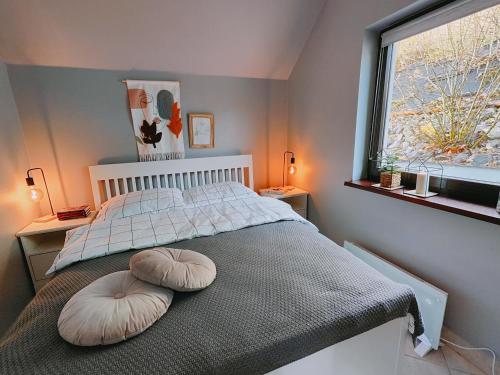 una camera con un letto con due cuscini sopra di Biały Partecznik a Wisła