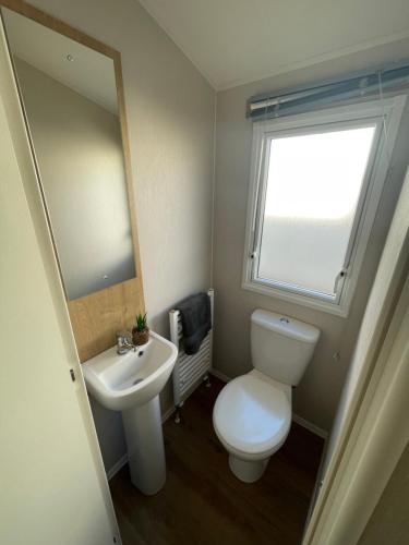 a bathroom with a toilet and a sink and a window at Seaside Escape at Trecco Bay in Porthcawl
