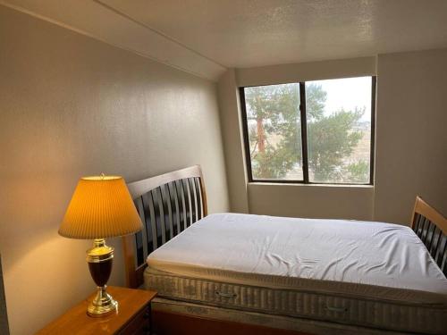 a bedroom with a bed with a lamp and a window at One Bedroom Executive Condo Close to UNR and TMCC in Reno